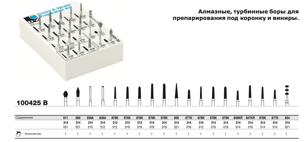 Боры алмазные препарирование под коронку и виниры (набор 19шт) D+Z  / 100425 B